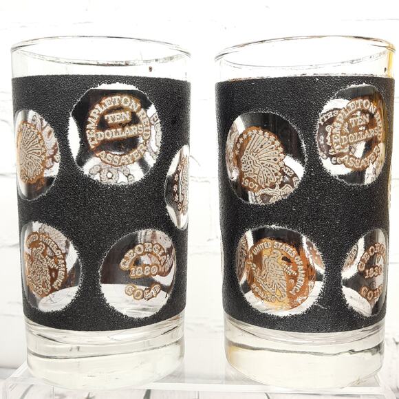 Vintage 4 Libbey Coin‎ Textured Highball Glasses Black & Gold - Picture 2 of 9